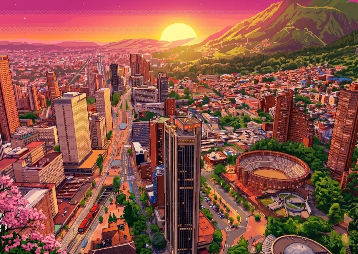 La ciudad al atardecer vista desde arriba, en pixel art